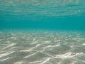 Underwater blue ocean wide background with sandy sea bottom, Real natural underwater view of the Mediterranean Sea Royalty Free Stock Photo