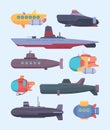 Underwater boat. Submarines diving ocean exploration vector cartoon illustrations set