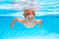 Underwater boy in the swimming pool. Cute kid boy swimming in pool under water. Summer kids in sea water on beach. Royalty Free Stock Photo