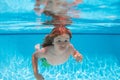 Underwater boy in the swimming pool. Cute kid boy swimming in pool under water. Summer vacation concept. Royalty Free Stock Photo