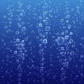 Underwater bubbles on blue transparent background. Realistic fizzing air bubbles. Effervescent drink. Vector Royalty Free Stock Photo