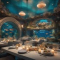 An underwater cafe with mermaid servers and seafood dishes presented in seashell-shaped plates2