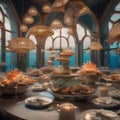 An underwater cafe with mermaid servers and seafood dishes presented in seashell-shaped plates1
