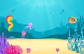 Underwater cartoon background with fish, sand, seaweed, pearl, jellyfish, coral, starfish, octopus, sea horse. Ocean sea Royalty Free Stock Photo