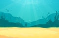 Underwater cartoon flat background with fish silhouette, sand, seaweed, coral. Ocean sea life, cute design Royalty Free Stock Photo