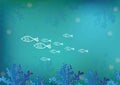 Underwater cartoon flat background with fish silhouette, sand, seaweed, coral. Ocean sea life, cute design. Vector Royalty Free Stock Photo