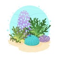 Underwater cartoon illustration with corals and algae. Royalty Free Stock Photo