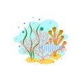 Underwater cartoon illustration with fish, algae, corals. Royalty Free Stock Photo