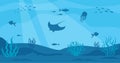 Underwater cartoon landscape. The bottom of the sea. Cute whale. Fish, plants, jellyfish. Vector illustration Royalty Free Stock Photo