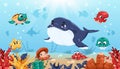 Underwater cartoon landscape. Summer sea and ocean scene with cute adorable fish. Funny octopus, jellyfish and seaweeds Royalty Free Stock Photo