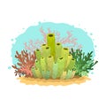 Underwater cartoon scene with corals and algae.