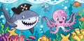 Underwater cartoon of shark wearing pirate hat accompanied by squid Royalty Free Stock Photo