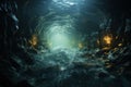 Underwater cave with dark water and light. 3d rendering. Generative AI