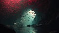 School of Red Fish Swims Through Underwater Cave Entrance Royalty Free Stock Photo