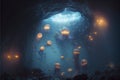 An underwater cave filled with glowing jellyfish