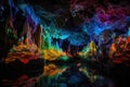 underwater cave with psychedelic pattern of light and color, created by the interaction between water and stone