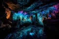 underwater cave with psychedelic pattern of light and color, created by the interaction between water and stone