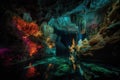 underwater cave with psychedelic pattern of light and color, created by the interaction between water and stone