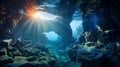 An underwater cave system, filled with twisting tunnels and hidden chambers illuminated by glowing Royalty Free Stock Photo