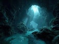 Underwater cave system, sunlight filtering through ceiling, calm water, rough rock formations, green moss or algae, high Royalty Free Stock Photo