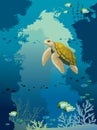 Underwater cave, turtle, coral reef, fishes and sea. Royalty Free Stock Photo