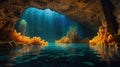 Mystical Underwater Cave With Coral Reef and Sunbeams Shining Through the Water Royalty Free Stock Photo