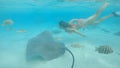 UNDERWATER: Cheerful girl swimming in the turquoise ocean with playful stingray