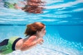 Underwater. Child in the swimming pool. Cute kid boy swimming in pool under water. Kids beach fun. Royalty Free Stock Photo