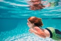 Underwater. Child in the swimming pool. Cute kid boy swimming in pool under water. Kids beach fun. Royalty Free Stock Photo