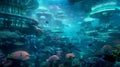 Underwater city with bio-luminescent architecture, schools of futuristic robotic fish, vivid coral reefs with soft glowing lights