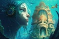 underwater city populated by mermaid robots illustration generative ai