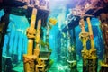 underwater city ruins, colonized by colorful coral