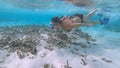 UNDERWATER: Female snorkeler dives along the destroyed coral reef in Maldives.