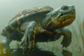 Underwater Close up of a Freshwater Turtle Gliding Gracefully in a Natural Habitat with Murky Waters and Mysterious Ambiance