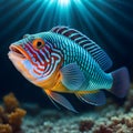 an underwater close up view of a beautiful colorful exotic fish,ai