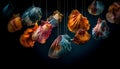 Underwater collection of multi colored seashells and fish generated by AI