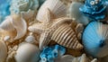 Underwater collection of seashells and animal shells in tropical background generated by AI