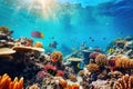 Underwater with colorful sea life fishes and plant at seabed background, Colorful Coral reef landscape in the deep of ocean. Royalty Free Stock Photo