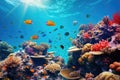 Underwater with colorful sea life fishes and plant at seabed background, Colorful Coral reef landscape in the deep of ocean. Royalty Free Stock Photo