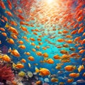 Colorful orange sea life fishes and plant at seabed background Royalty Free Stock Photo