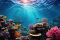 Underwater with colorful sea life fishes and plant at seabed background, Colorful Coral reef landscape in the deep of ocean. Royalty Free Stock Photo