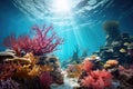 Underwater with colorful sea life fishes and plant at seabed background, Colorful Coral reef landscape in the deep of ocean. Royalty Free Stock Photo