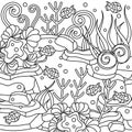 Underwater coloring book page for adult. Ocean plants and fish. Hand drawn vector illustration on white background Royalty Free Stock Photo