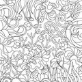 Underwater coloring book page for adult. Ocean plants and fish. Hand drawn vector illustration on white background