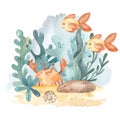 Underwater composition with sea animals, crab, fish, algae, corals, shell, ocean floor
