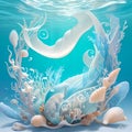 Underwater Composition with Sunlit Tropical Blue Water, Seashells, and Abstract Corals - AI Generated Illustration