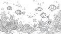 Cute Fish Swimming Underwater with Coral and Bubbles - Line Art Royalty Free Stock Photo