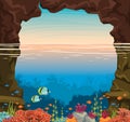 Underwater coral reef, fish, sea, sunset sky, cave. Royalty Free Stock Photo