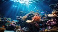 underwater coral reef landscape background in the deep blue ocean with colorful fish and marine life Royalty Free Stock Photo