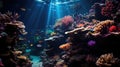 underwater coral reef landscape background in the deep blue ocean with colorful fish and marine life Royalty Free Stock Photo